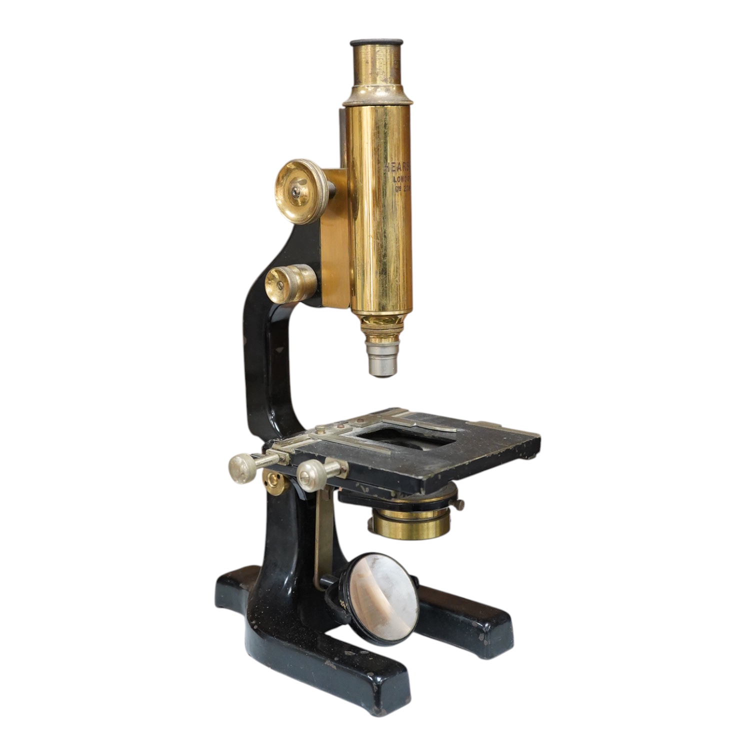 A late 19th century brass and cast iron microscope by Hearson, London, with engraved serial number; 278, approximate height 34cm